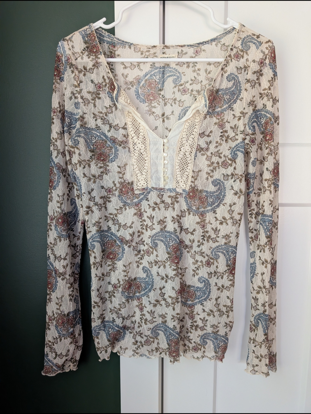 Denim & Supply Ralph Lauren Paisley Floral Lace Henley Top Boho M